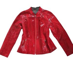Women's Vinyl Red Faux-Snakeskin Zip Up Leather Biker Jacket Y2K Vintage